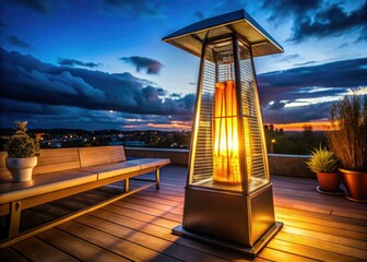 Night Terrace Heating: Outdoor Gas Pyramid Heater, Cozy Patio Ambiance, Warm Winter Nights, Dramatic Lighting Photography