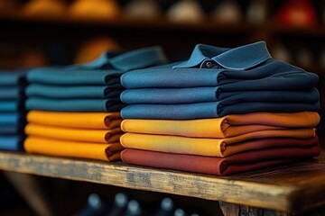 Neatly stacked folded polo shirts in blue, yellow, and maroon colors on a rustic wooden shelf creating an organized and colorful retail display