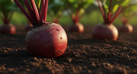 Close up of freshly harvested red beets growing in soil