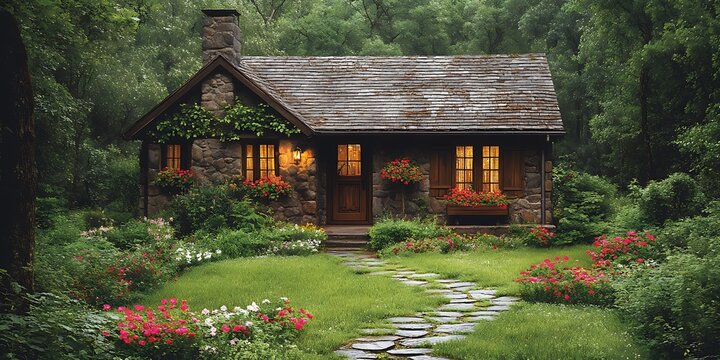 Rustic cabin nestled in a lush forest