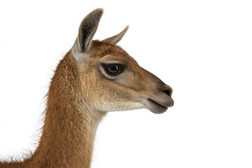 Obraz premium Close-up profile of a young Guanaco, showcasing its soft fur and expressive eyes against a white background.