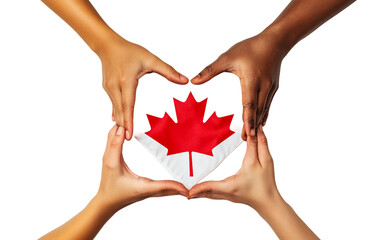 Fototapeta premium A loving heart shape formed with hands above a small Canadian flag for national celebration isolated on white background PNG