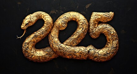 Obraz premium Golden snake shaped into the numbers 2025 with detailed engravings on a dark textured background expressing elegance and mystique
