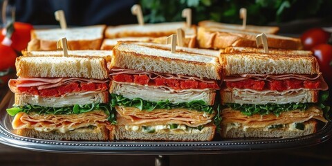 Close-up view of multiple stacked fresh deli sandwiches with toasted bread, layers of sliced turkey, ham, lettuce, tomato, and cheese on a silver platter