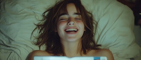 Woman laughing in bed