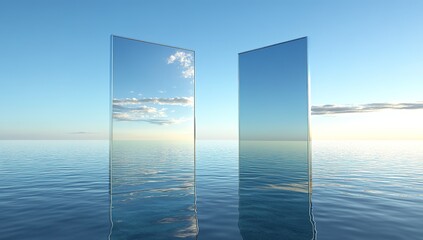 Two Glass Panels Reflecting Calm Ocean Sky