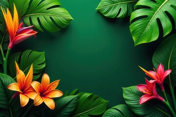 Fototapeta premium Lush tropical foliage, vibrant green leaves and exotic flowers , orchid, wallpaper, lush