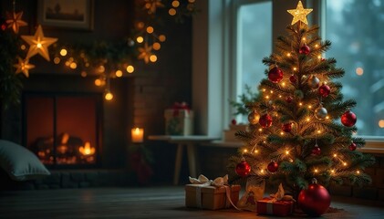 A beautifully decorated Christmas tree with ornaments and twinkling lights, festive and joyful , branch, gift, presents