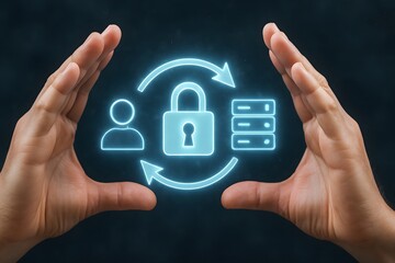 Two hands frame a floating cybersecurity data exchange icon. Concept of secure information flow and identity protection.