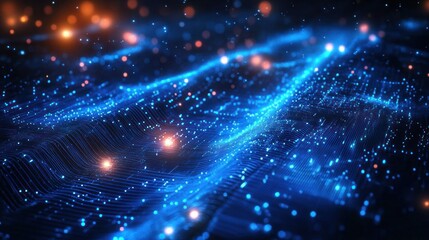 Abstract digital waves formed by blue glowing particles and lines creating a flowing, futuristic technology visualization with scattered bright orange light spots