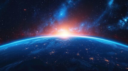Fototapeta premium Bright sunrise over a glowing blue planet with city lights visible on the darkened surface and vibrant stars and galaxies in the distant space background