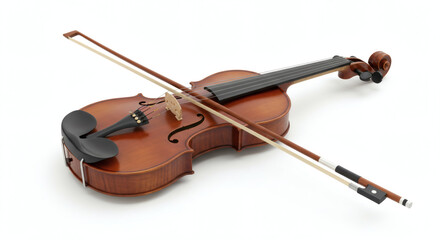 Realistic violin and bow crossed gently, white background