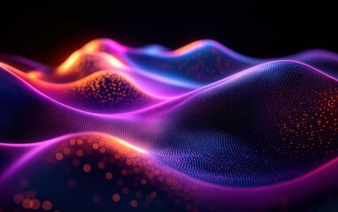 Fototapeta premium Glowing digital waves with vibrant neon purple and orange dots creating an abstract undulating landscape effect in a dark environment