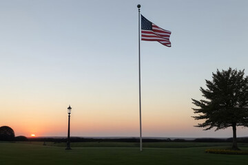 Fototapeta premium American Flag Waving in the Evening Sunset