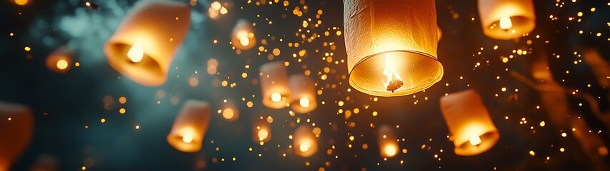 Sky lanterns float in night