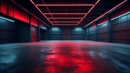 Futuristic garage interior with red neon lighting