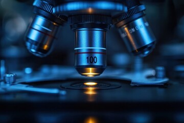 Close-up view of a microscope lens with 100x magnification focusing on a specimen under blue lighting, highlighting precision and scientific investigation