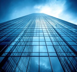 Low angle view of a tall modern glass skyscraper reflecting a cloudy blue sky, evoking a sense of grandeur and ambition