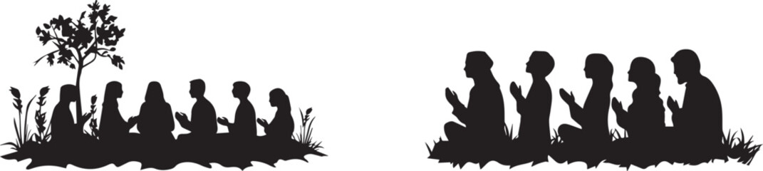 Silhouette of Group Sitting in Prayer Outdoors Faith and Meditation Community Concept