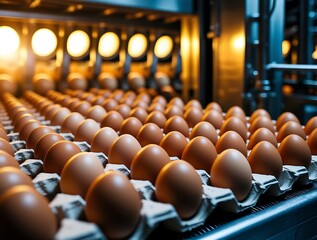 Automated production line with brown chicken eggs in rows moving through industrial processing equipment in a modern factory for food manufacturing and packaging

