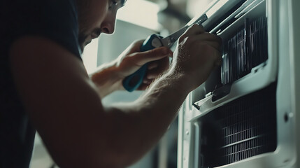 Naklejka premium Technician Repairing an Air Conditioning Unit