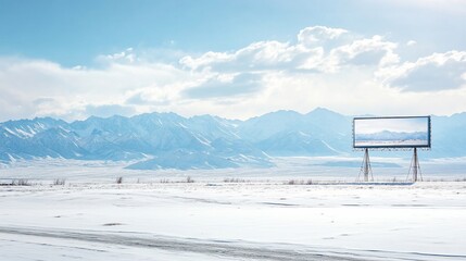 Surreal snowy landscape with billboard mirroring distant mountains