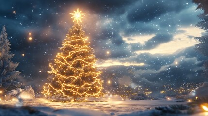 Enchanting Christmas Tree Aglow in a Snowy Winter Wonderland Setting