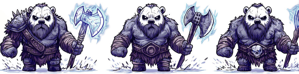 Obraz premium Powerful Fantasy Panda Warrior Vector Illustration Set with Magical Ice Axes Heroic Barbarian Armor and Intense Battle Ready Poses for Games and Graphic Designs