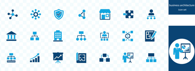business architecture icon set. Successful business development, plan and process symbol.