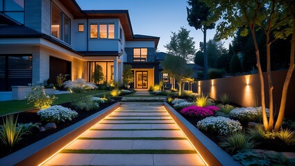 Fototapeta premium Illuminated pathway in stylish modern garden design