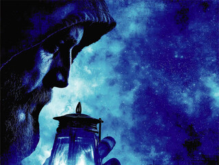 Mysterious Hooded Bearded Man Holding Lantern Illuminated by Cosmic Star Filled Night Sky Background Illustration Concept for Mystery Fantasy Adventure Exploration