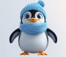 cute fluffy penguin wearing a blue knitted hat and matching scarf looking forward with big blue eyes and a gentle smile