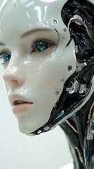 Futuristic robot woman face close-up