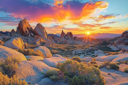 Sunset over rocky desert landscape with rugged stone formations and scattered desert vegetation under vibrant orange and purple sky