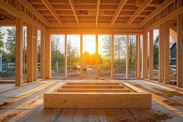 Obraz premium Interior view of wooden house under construction with large glass windows and sunlight streaming through at sunset