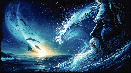 Mystical Ocean Scene with Wise Old Man Sea God Face Magical Dolphins Waves Stars Fantasy Water Illustration for Poster Art Print Marine Wildlife Inspirational Concept