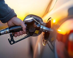 Person fueling a car at sunset