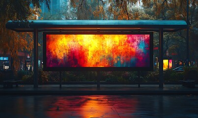 Digital Billboard Mockup at Bus Stop with Vibrant Abstract Artwork and Wet Pavement Reflection

