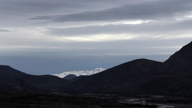 Silhouette of the Precordillera With Snowy Andes Peaks at Sunrise, Near Chos Malal, Neuquen Province, Argentina