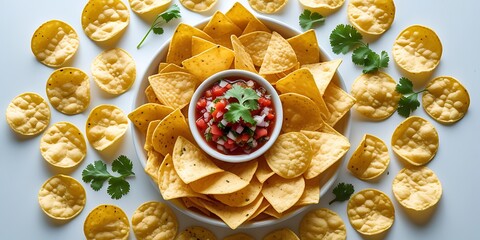 Delicious round arrangement of crispy yellow tortilla chips surrounding a bowl of vibrant salsa garnished with fresh cilantro, offering a festive and appetizing snack presentation
