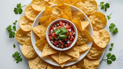Delicious round arrangement of crispy yellow tortilla chips surrounding a bowl of vibrant salsa garnished with fresh cilantro, offering a festive and appetizing snack presentation
