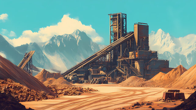 Industrial site with machinery processing aggregates and piles of materials. [Dust Opera] | Ash Waltz | soft ruin. Illustration