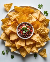 Delicious round arrangement of crispy yellow tortilla chips surrounding a bowl of vibrant salsa garnished with fresh cilantro, offering a festive and appetizing snack presentation
