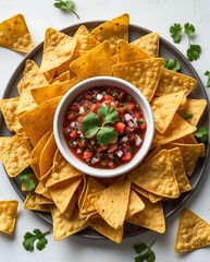 Delicious round arrangement of crispy yellow tortilla chips surrounding a bowl of vibrant salsa garnished with fresh cilantro, offering a festive and appetizing snack presentation
