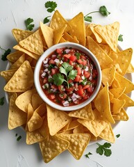 Delicious round arrangement of crispy yellow tortilla chips surrounding a bowl of vibrant salsa garnished with fresh cilantro, offering a festive and appetizing snack presentation
