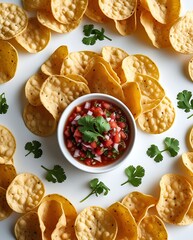 Delicious round arrangement of crispy yellow tortilla chips surrounding a bowl of vibrant salsa garnished with fresh cilantro, offering a festive and appetizing snack presentation
