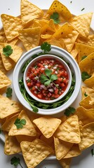 Delicious round arrangement of crispy yellow tortilla chips surrounding a bowl of vibrant salsa garnished with fresh cilantro, offering a festive and appetizing snack presentation
