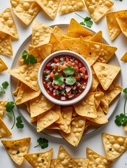 Delicious round arrangement of crispy yellow tortilla chips surrounding a bowl of vibrant salsa garnished with fresh cilantro, offering a festive and appetizing snack presentation
