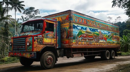 Vividly Decorated Truck Showcasing Cultural Art in Lush Tropical Landscape