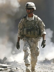 Soldier walking amidst rubble